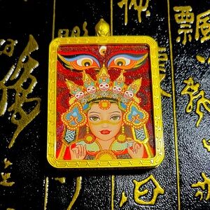 Colorful Rectangular Pendant with Intricate Design Money God behind lady.
